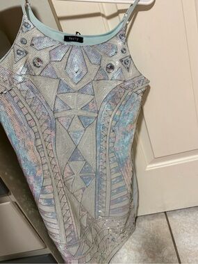 verty Pastel Iridescent Sequin front/solid back MiniDress in Light Blue and Pink